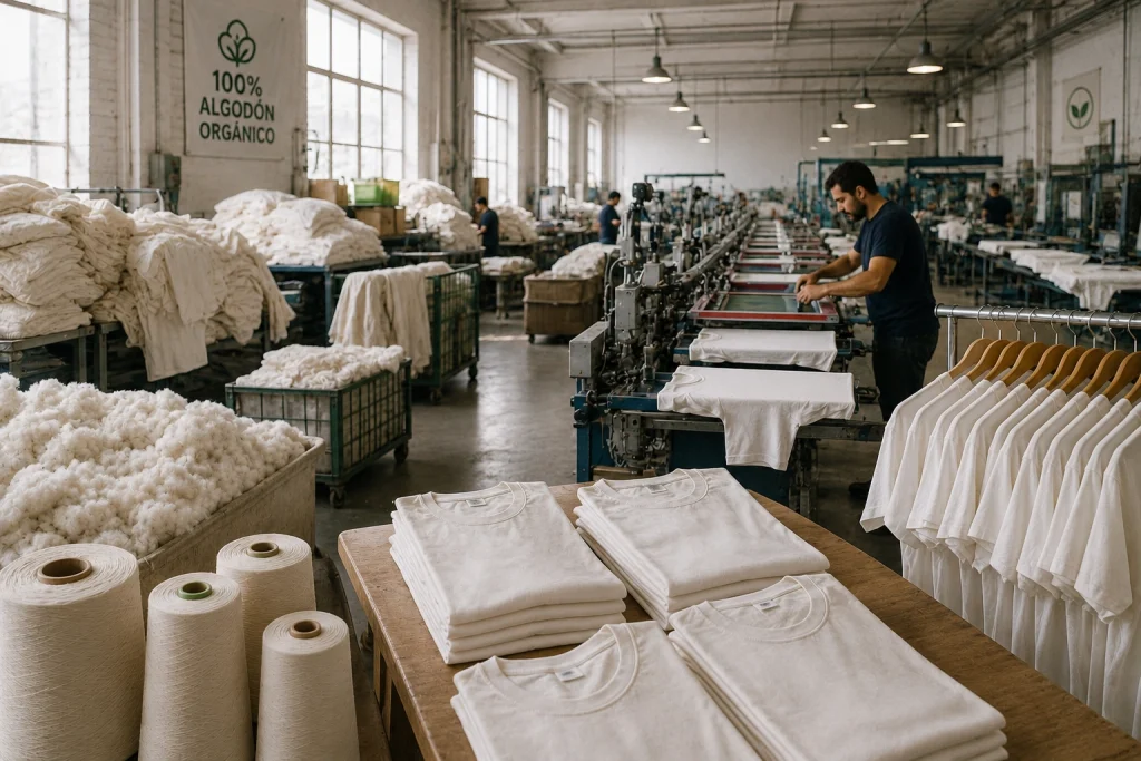 Empresa textil realizando estampación de camisetas en cadena